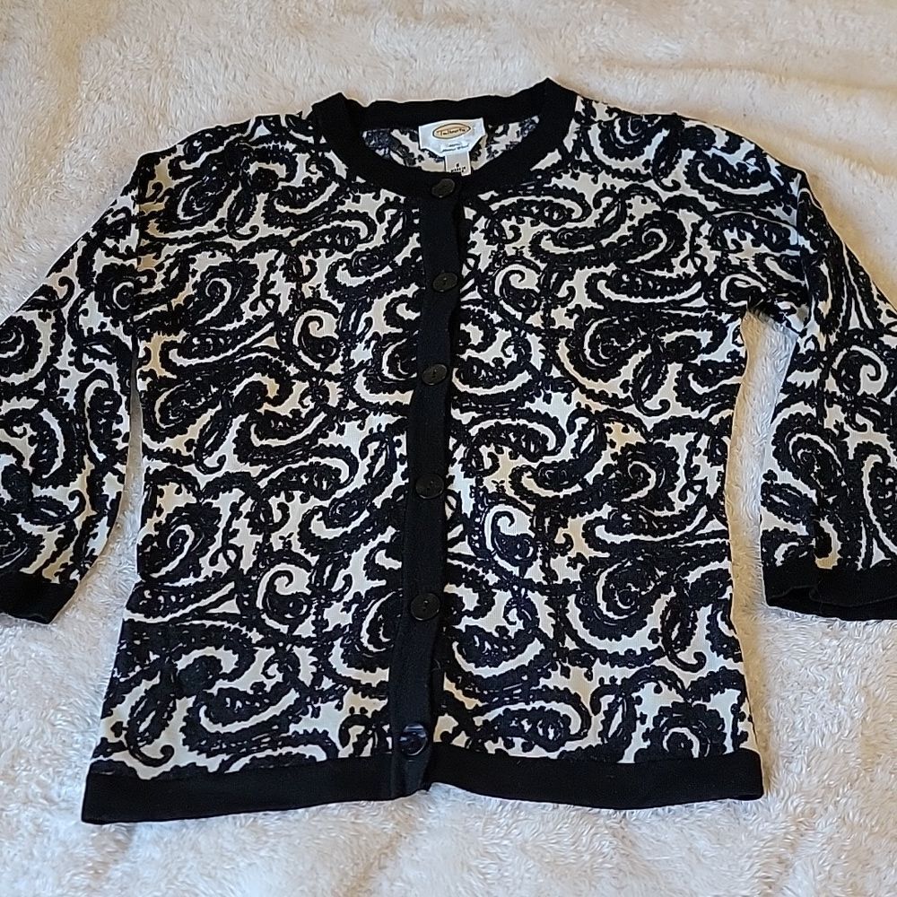Vintage Talbots 100% merino‎ wool black and white paisley art deco cardigan S